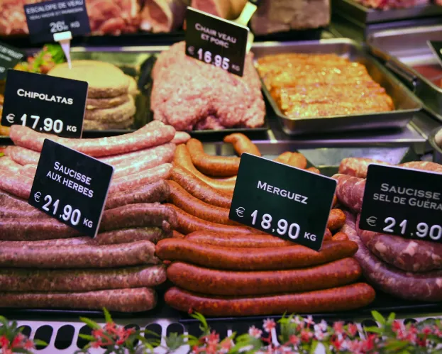 Chipolatas, merguez, saucisses à cuir et à griller, Boucherie du Centre, Herblays sur Seine, près d'Argenteuil (95)